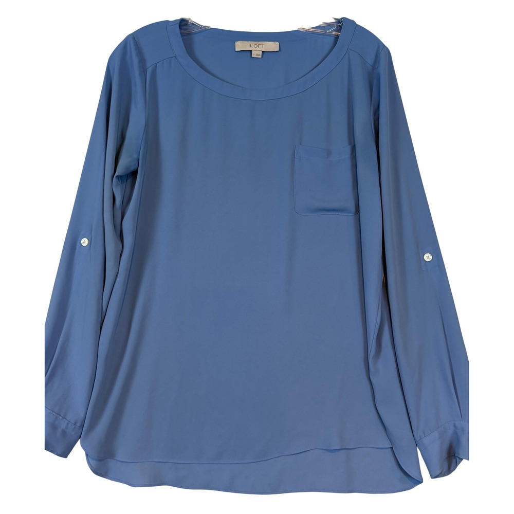 Loft Womens Roll Tab Long Sleeve Blouse Blue Round Neck Pocket Top •S• Layering
